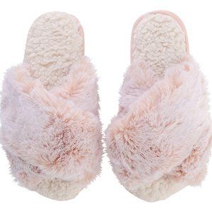 Lemon Faux Fur Criss Cross Slide House Slippers